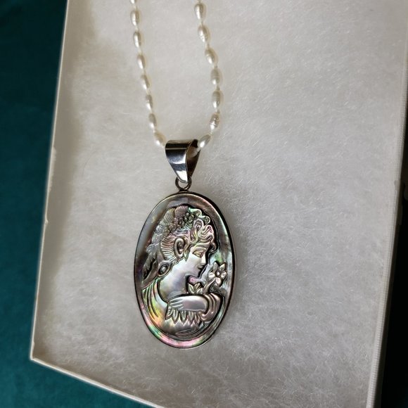 Vintage Lee sands abalone carved cameo fw pearls - Picture 4 of 7